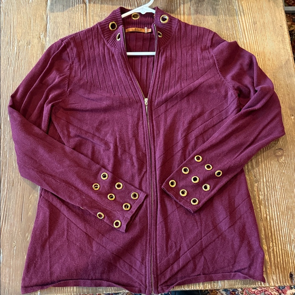 Belldini Burgundy full zip Cardigan with Gold Eyelets